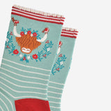 Women's Bamboo Socks - Green/Red, Christmas Highland Cow