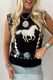 Western Print horse sleeveless knited top