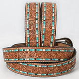 ADBLF210 Tooled Leather Western Belt with Turquoise Mosaic Inlay & Floral Tooling
