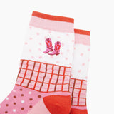 Embroidered Cowboy Boots Combed Cotton Socks in Pink