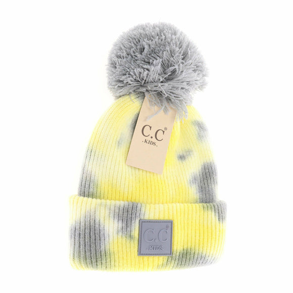 KIDS Tie Dye Pom C.C Beanie KIDS7380POM: Grey/Yellow