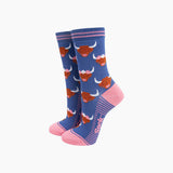 Floral Crown Highland Cow Bamboo Socks in Blue