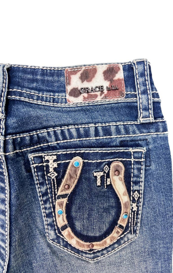 Horse Shoe w/Cowhide Trim Girl Boot Cut | GB61836ND