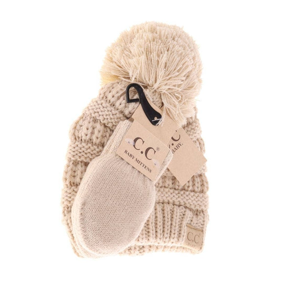 C.C BABY BABY Solid Knit Pom Beanie and Mittens Set