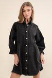 Washed Denim Puff 3/4 SLV Snap Up Shirt Dress: BLACK