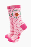 Women's Bamboo Socks - Pink, Highland Cow Wreath