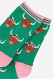 Women's Highland Cow With Floral Crown Bamboo Socks in Green