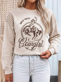 Western Print Colorblocked Long Sleeve Cotton Blouse