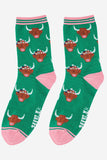 Women's Highland Cow With Floral Crown Bamboo Socks in Green