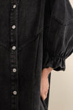 Washed Denim Puff 3/4 SLV Snap Up Shirt Dress: BLACK