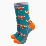Floral Crown Highland Cow Bamboo Socks in Teal