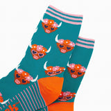 Floral Crown Highland Cow Bamboo Socks in Teal