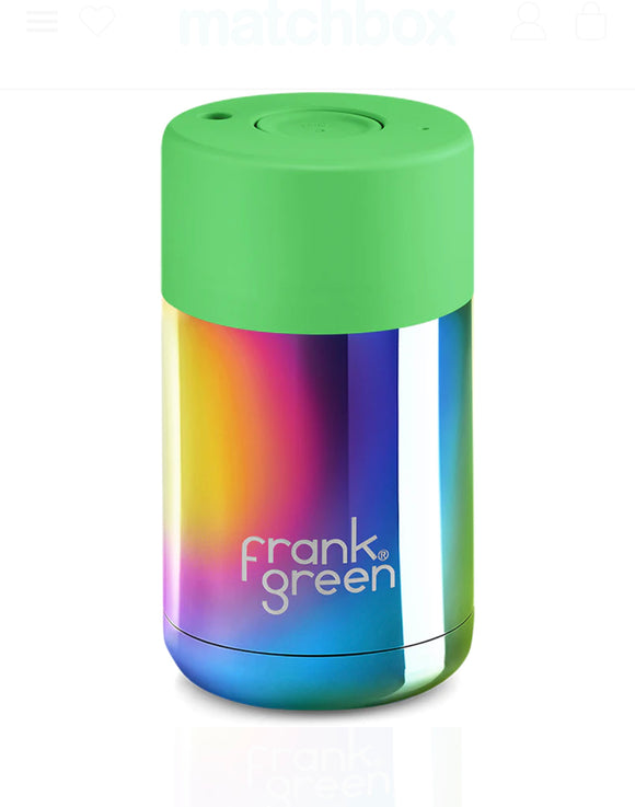 Frank Green Chrome 10oz Limited Edition Rainbow Ceramic Cup with Neon Green Push Button Lid