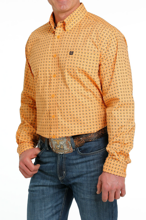 Cinch Mens Geometric Print Button Down Shirt - Orange