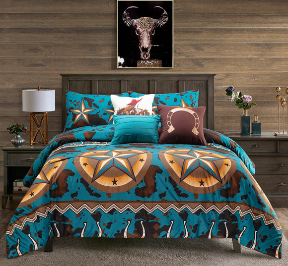 Star & Blue Cowprint 6pc comforter Set: Queen