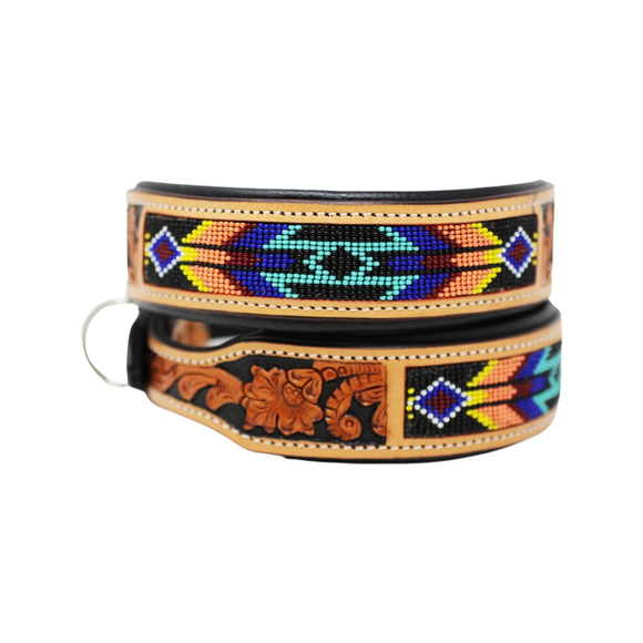 Western Equestrian Tooled Padded Leather Beaded Dog Collar