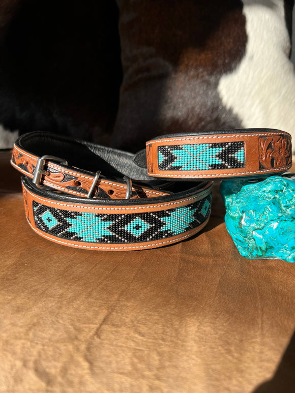 Western Leather Turquoise Black Beaded Bling Dog Collar: Small