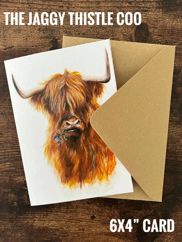 The Jaggy Thistle Coo (Greeting Card) | Highland Cow Card