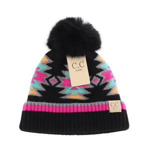 KIDS Southwestern Faux Fur Pom C.C Beanie KDHTE0030: Black Multi