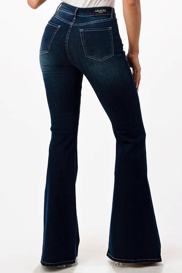 Grace in LA - Basic DK Wash Contemporary Mid Rise Flare EL-9518DK