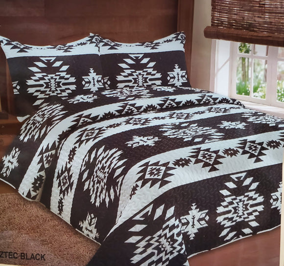 Black & White Navajo 3pc Bedspread Set- Aztec Black