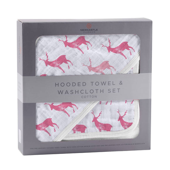 Pink Deer Hooded Towel & Wash Cloth Set