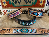 Western Equestrian Tooled Pink Leather Beaded Dog Collar