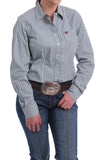 Women’s White, Teal & Grey Striped Button Down Shirt
