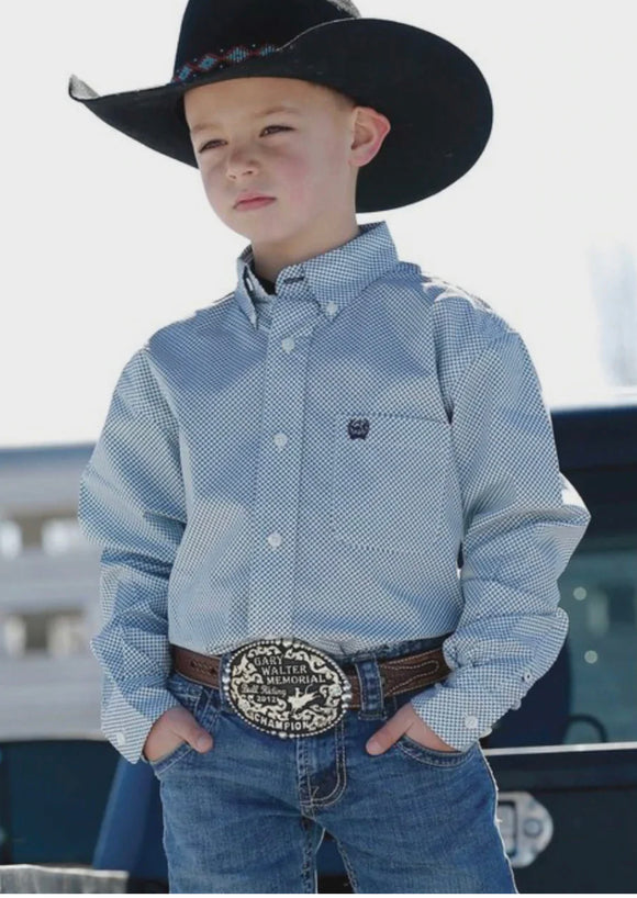 Cinch Boys Long Sleeve Shirt - Navy/Cream Pattern